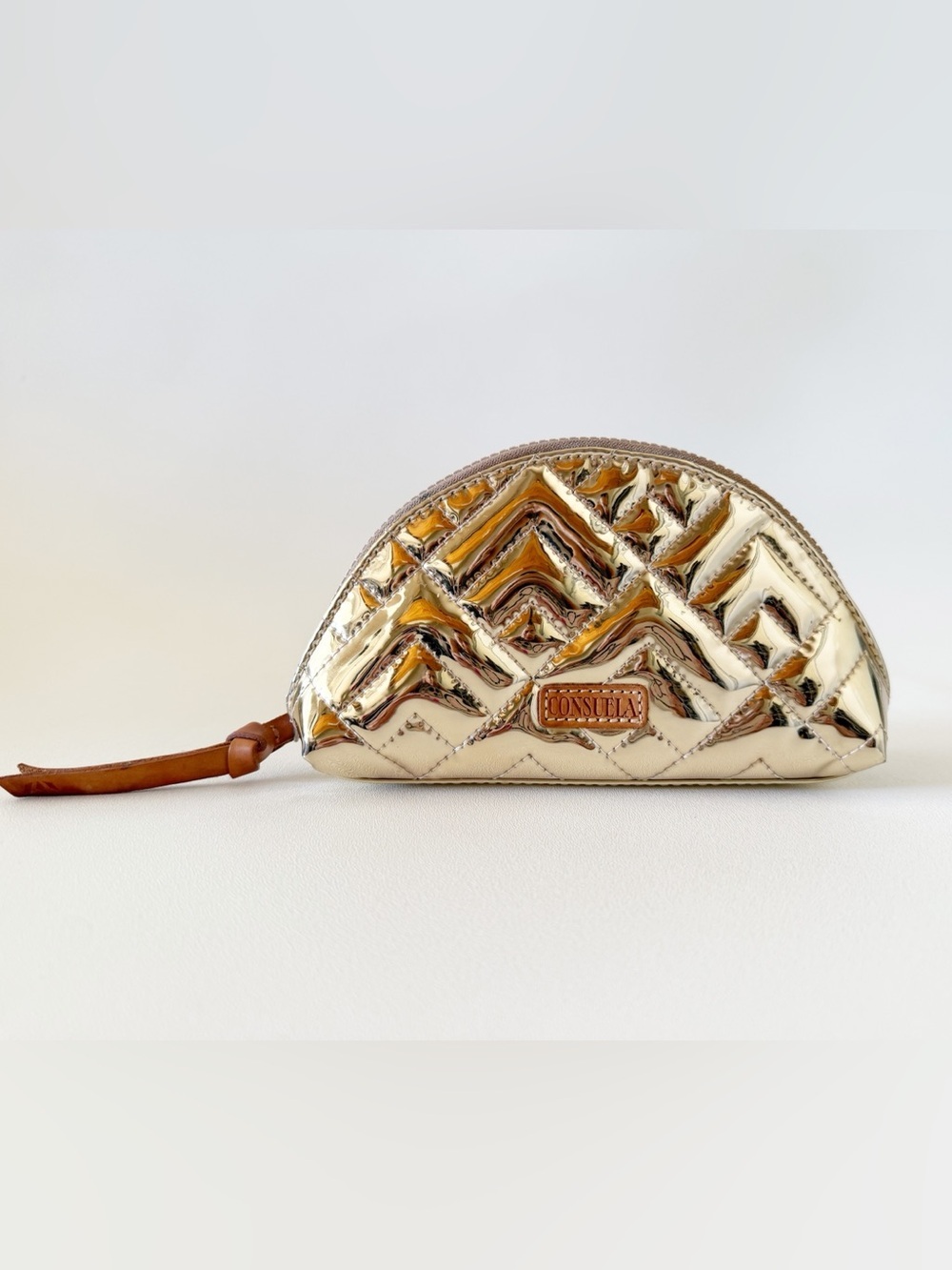 Consuela Bag Evadney Metallic Gold Quilted Cosmetic Make Up Case Chevron Travel